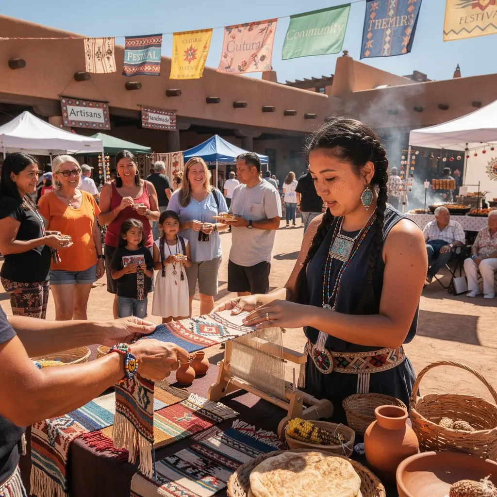 Группа туристов, изучающих коренное наследие в историческом pueblo.