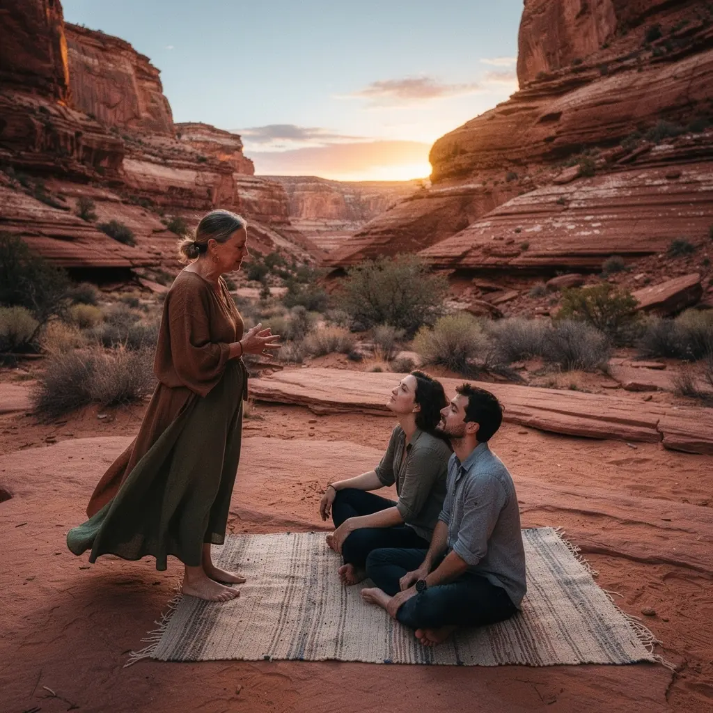 Группа туристов, исследующих древние наскальные рисунки на скале.