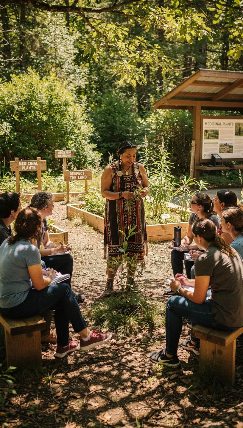 Туристы, исследующие культурное наследие коренных народов на фоне живописных гор.