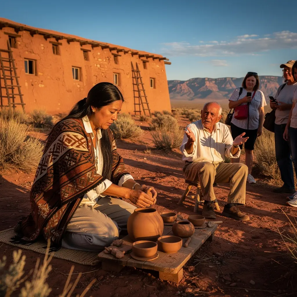 Пейзаж пустыни с традиционными pueblo зданиями на фоне заката.