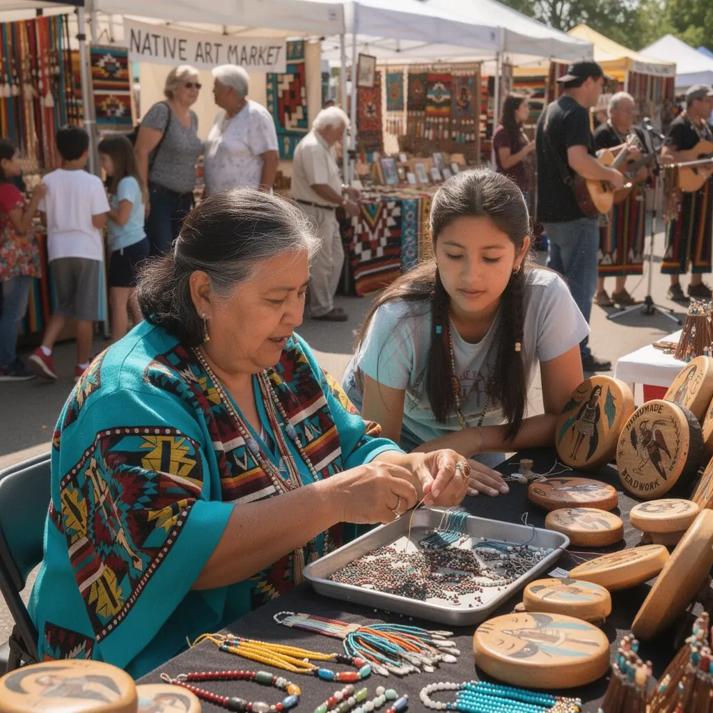 Пейзаж пустыни с традиционными жилищами пуэбло на фоне заката.