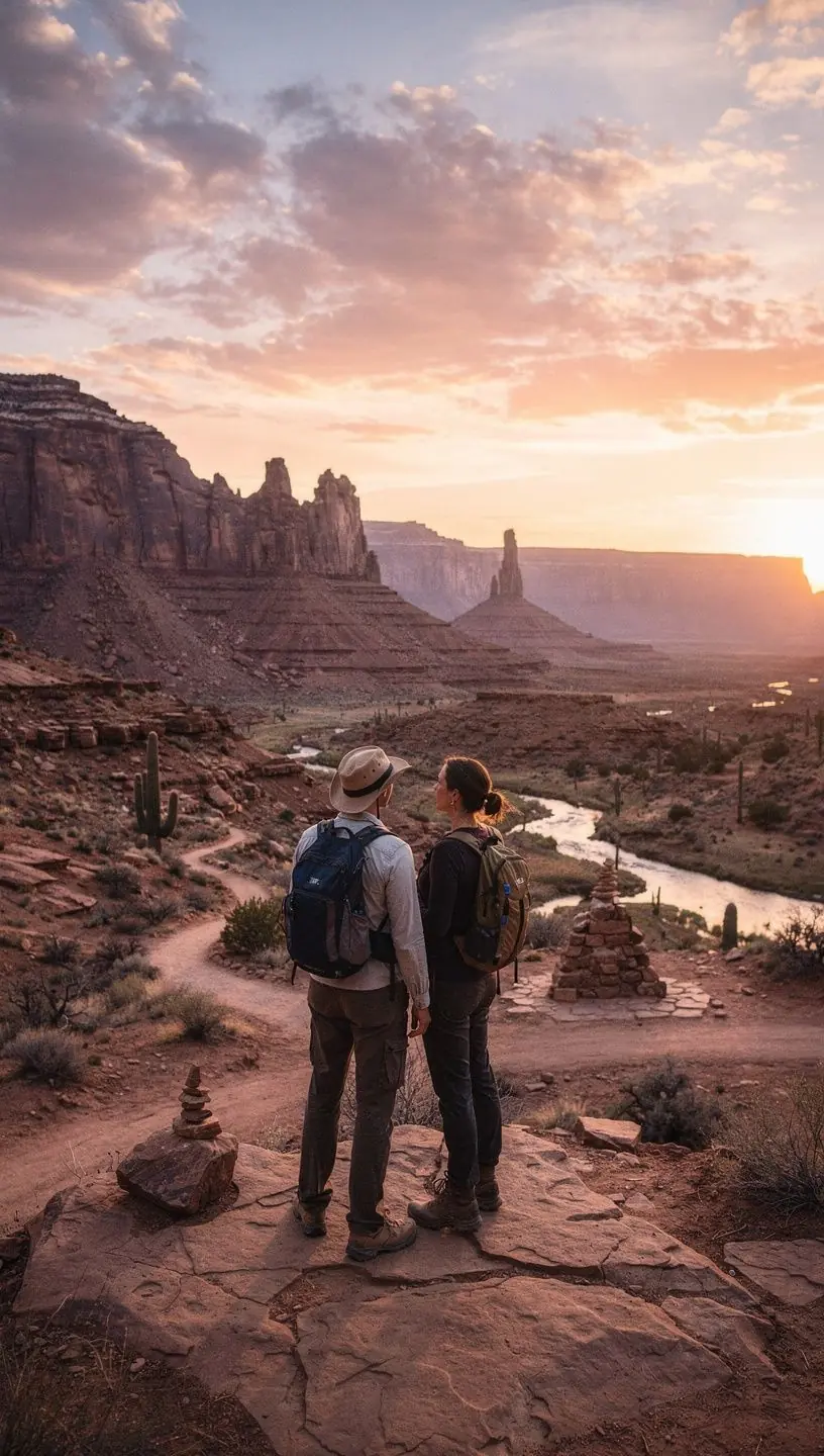 Пейзаж пустыни с красными скалами и традиционными пёбло-жилищами.
