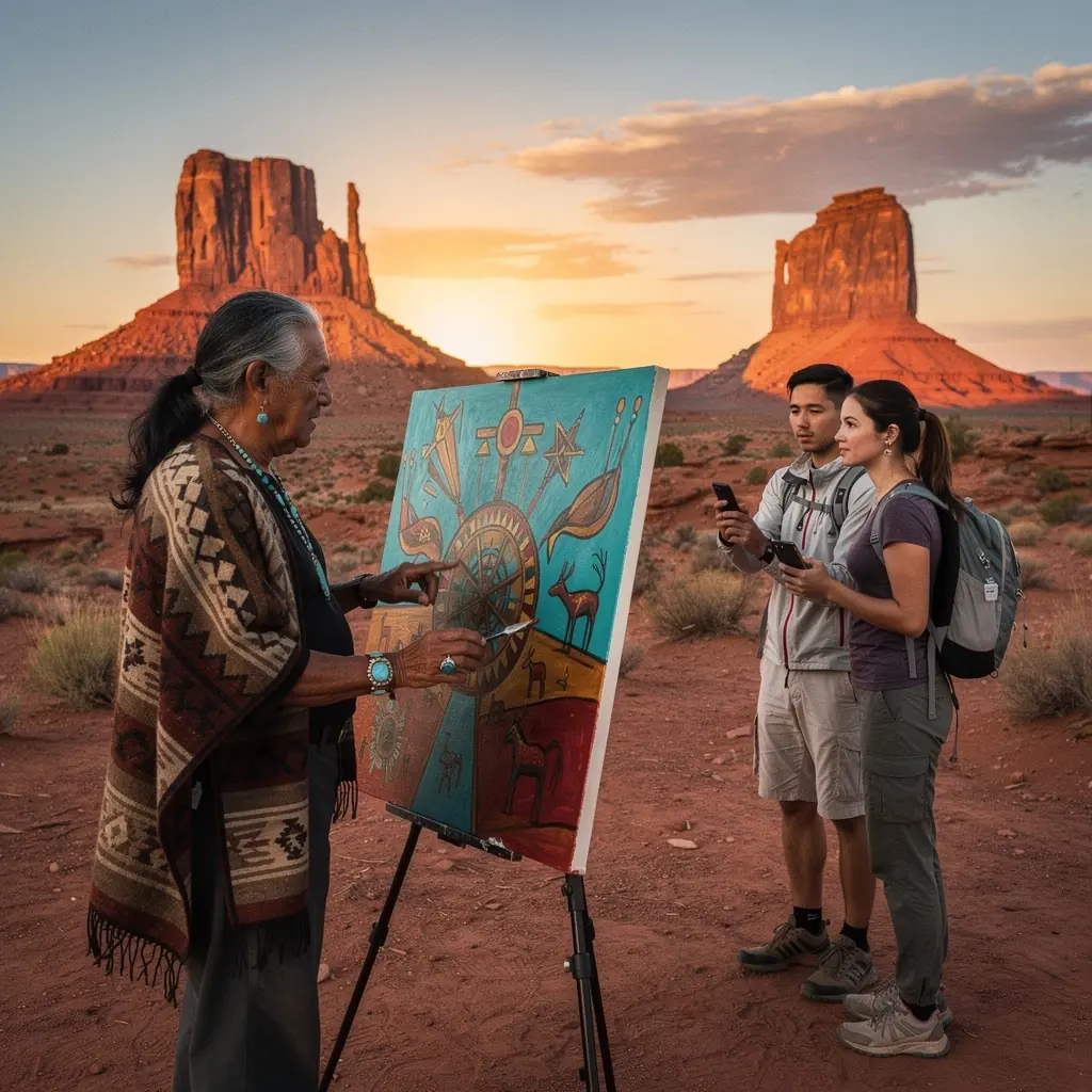 Пейзаж пустыни с древними индейскими постройками и яркими художественными традициями местных народов.
