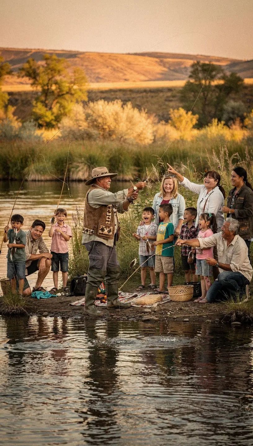 Пейзаж с пустыней и традиционными pueblo зданиями, символизирующий наследие коренных народов юго-запада США.