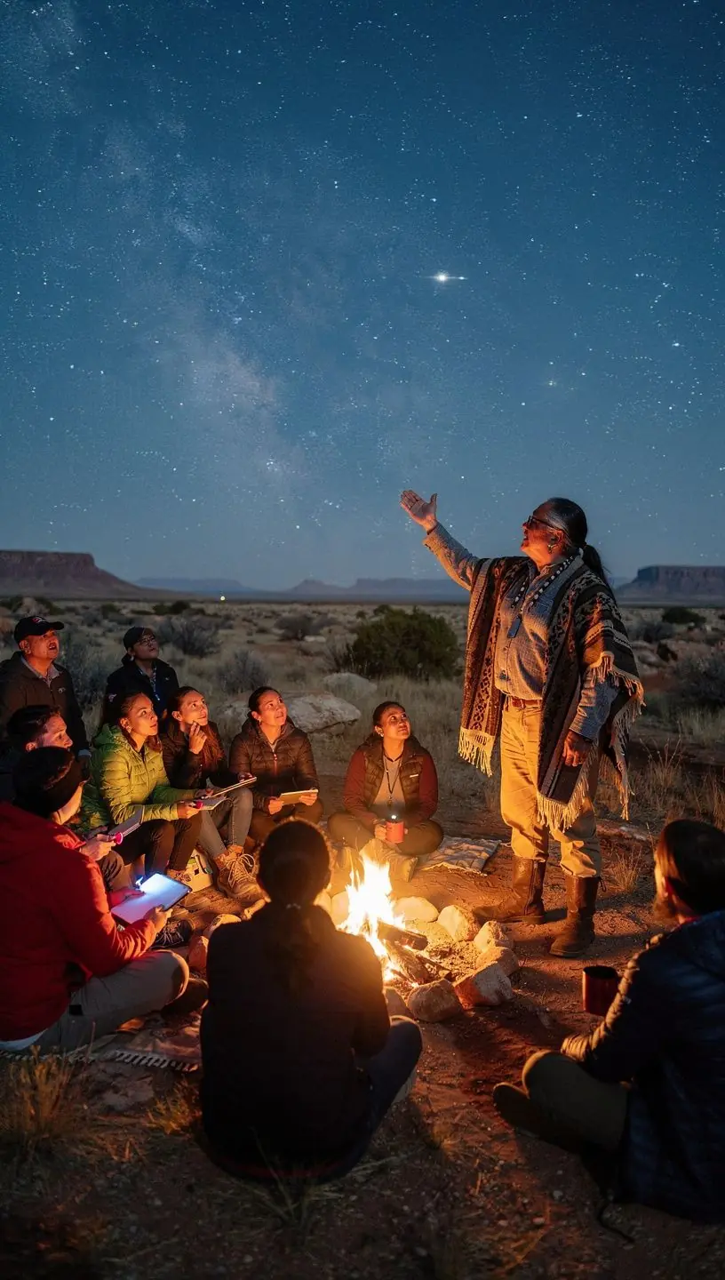 Пейзаж пустыни с традиционными жилищами племен и ярким закатом.