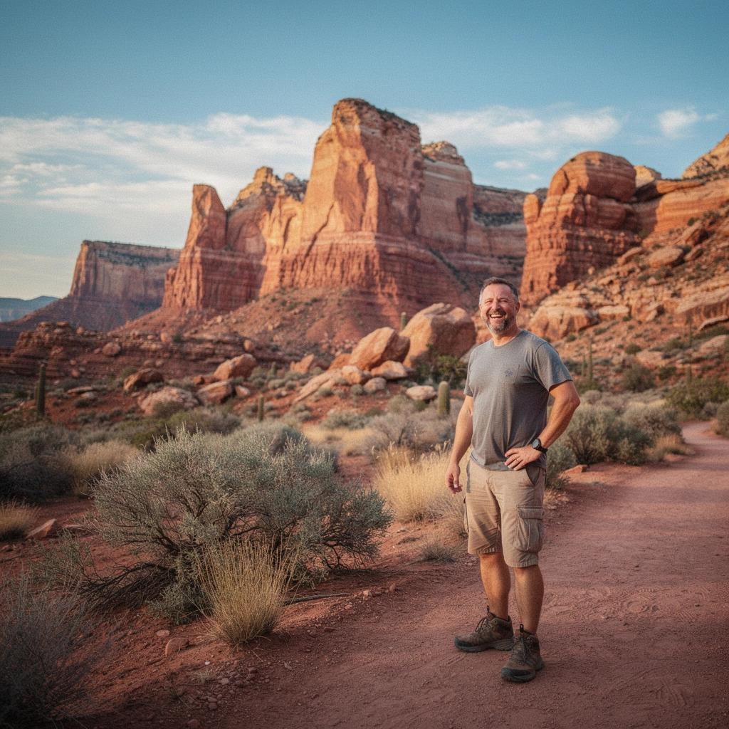 Панорамный вид на пустынный canyon с красными скалами и синем небом.